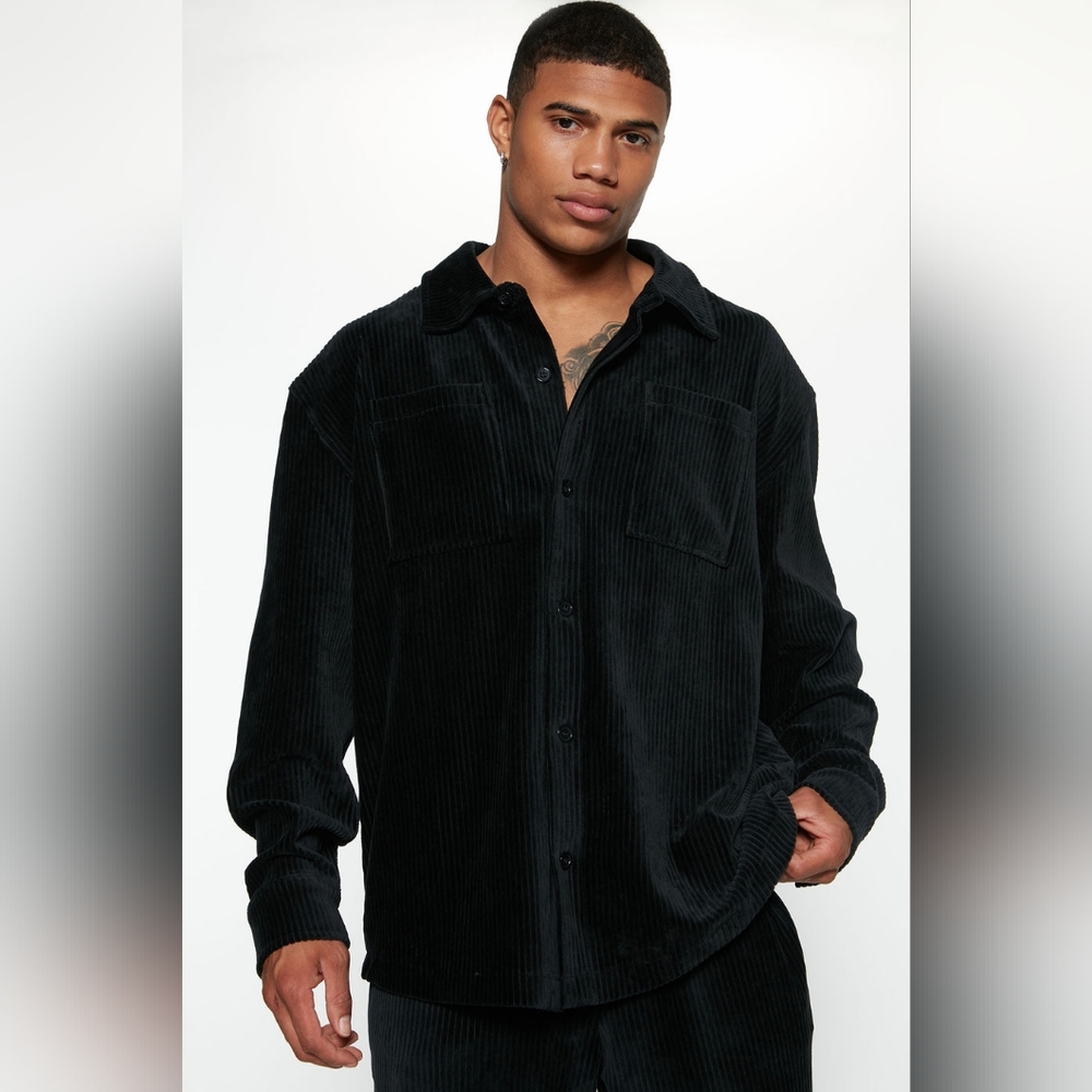 Relaxed fit velvet ribbed button down shirt